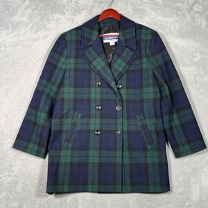 Pendleton Coat Womens 16 Green Plaid Wool Pea Coat Double Breasted Blackwatch